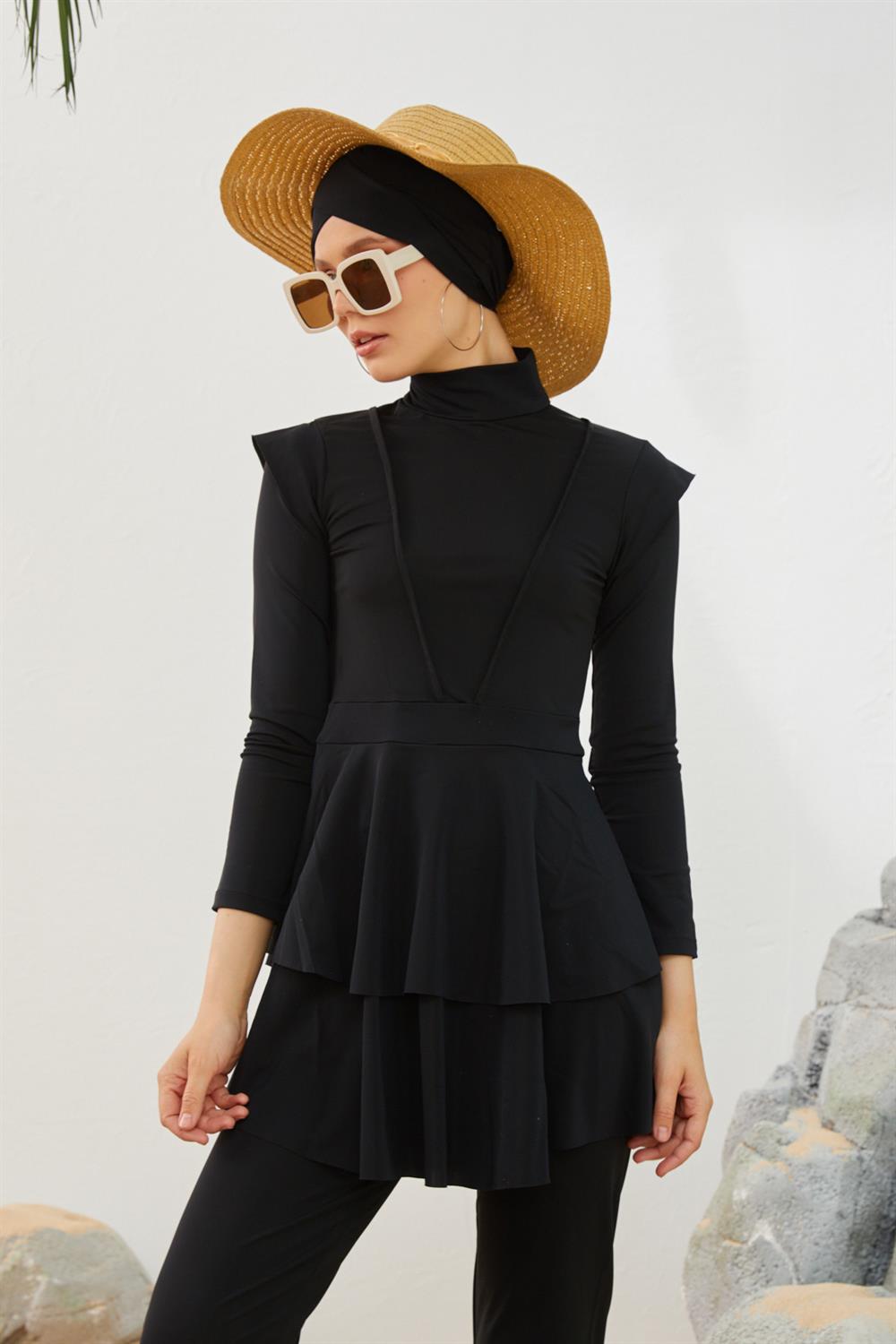 Likralı Tam Kapalı Tesettür Mayo Deniz Mayosu Fırfır Detaylı T223-01 Siyah