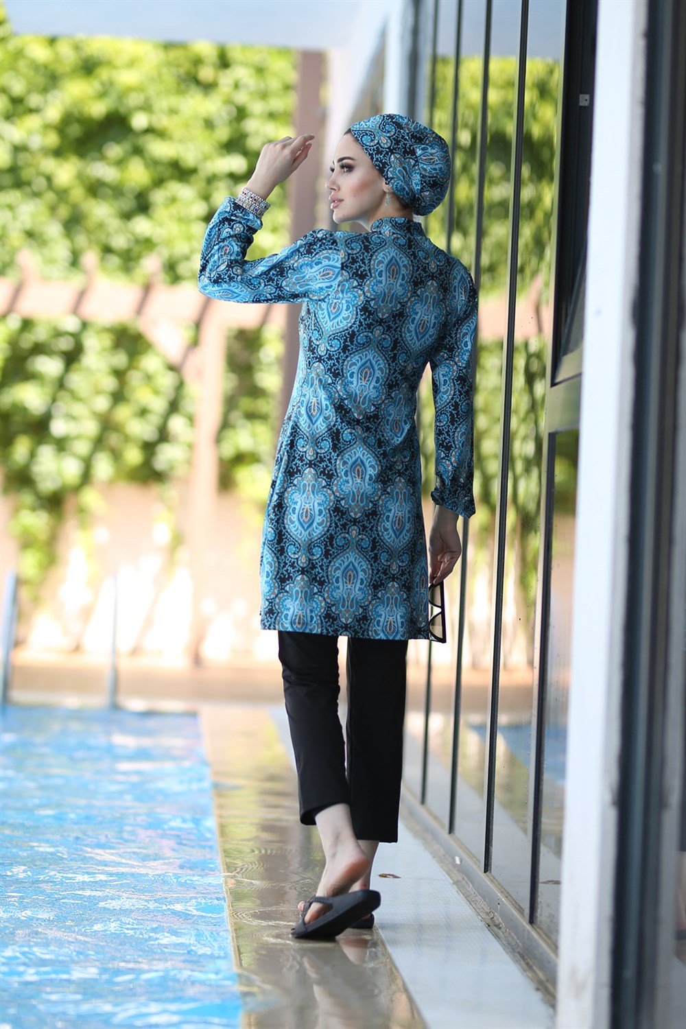 Likralı Tam Kapalı Tesettür Mayo Desenli Mehtap Tuğra Yeşil