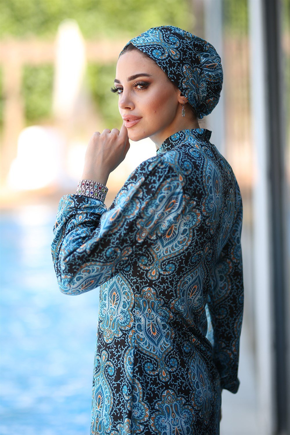 Likralı Tam Kapalı Tesettür Mayo Desenli Mehtap Tuğra Yeşil