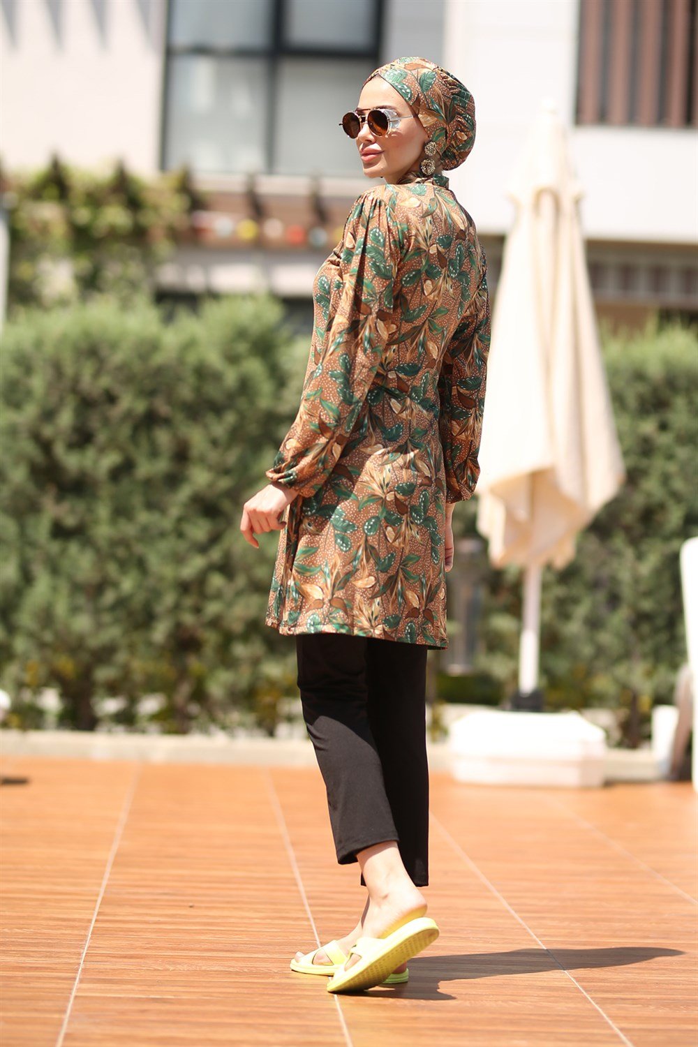 Likralı Tam Kapalı Tesettür Mayo Desenli mehtap Yaprak Kahverengi