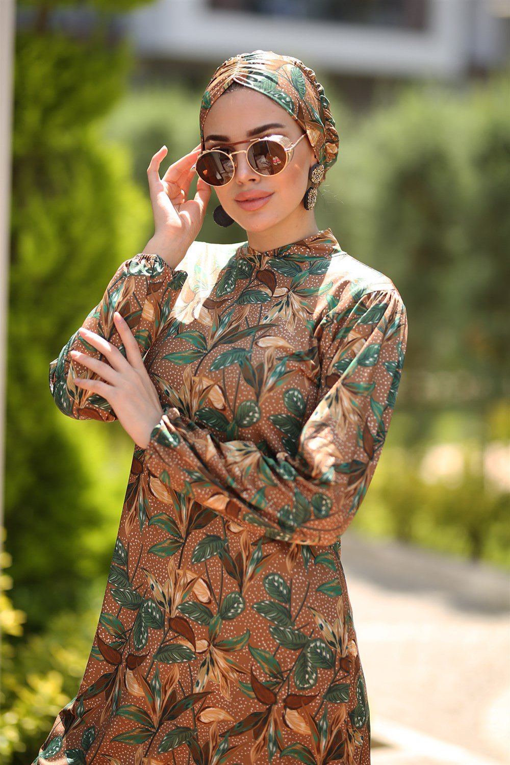Likralı Tam Kapalı Tesettür Mayo Desenli mehtap Yaprak Kahverengi