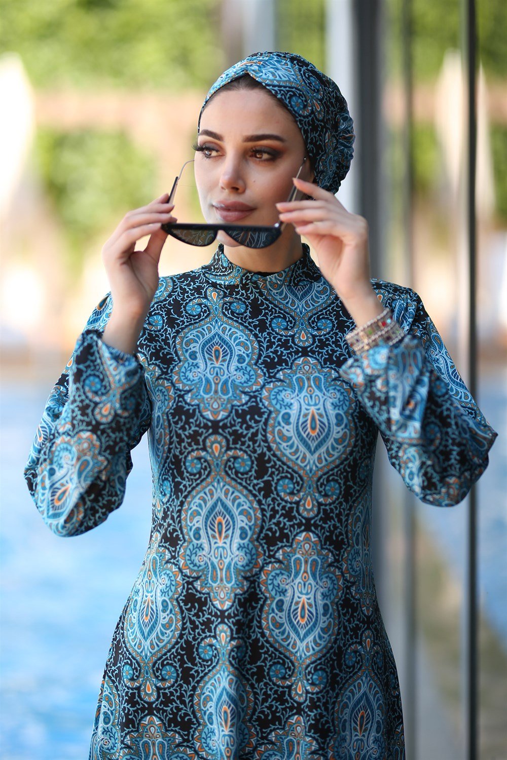 Likralı Tam Kapalı Tesettür Mayo Desenli Mehtap Tuğra Yeşil