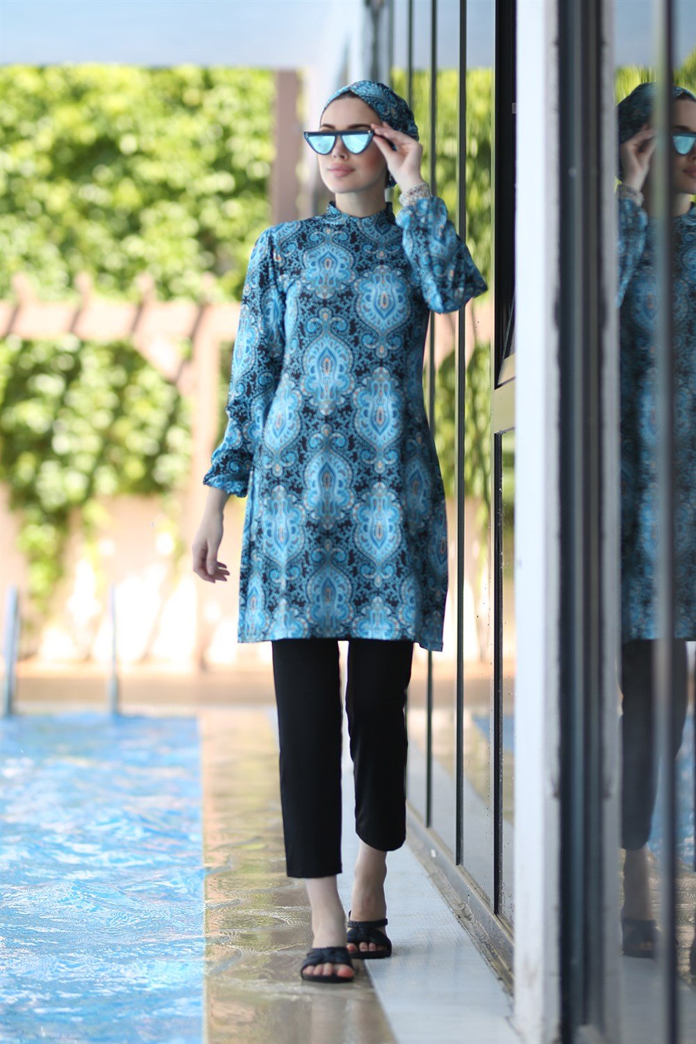 Likralı Tam Kapalı Tesettür Mayo Desenli Mehtap Tuğra Yeşil