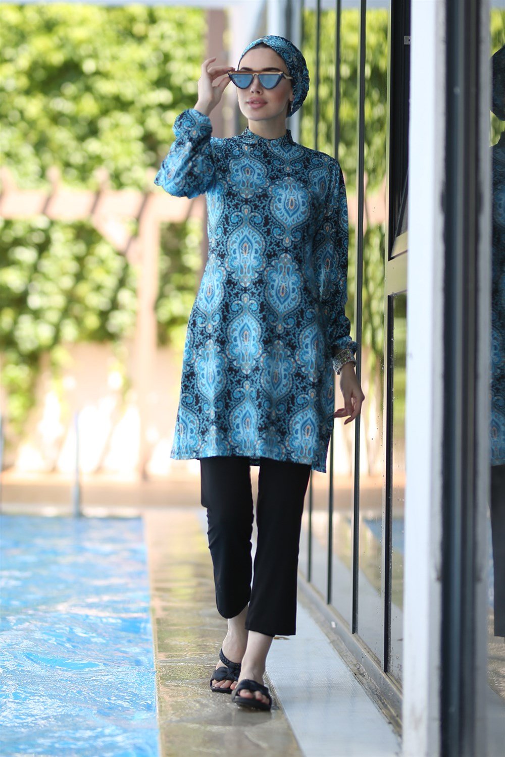 Likralı Tam Kapalı Tesettür Mayo Desenli Mehtap Tuğra Yeşil