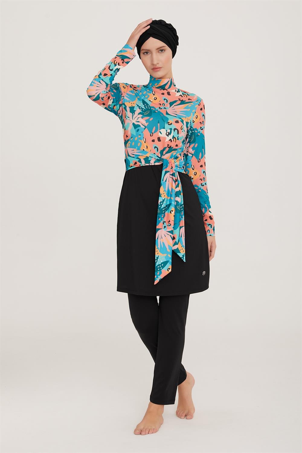 Likralı Tam Kapalı Tesettür Mayo Ebru 8023 Siyah Remsa Mayo