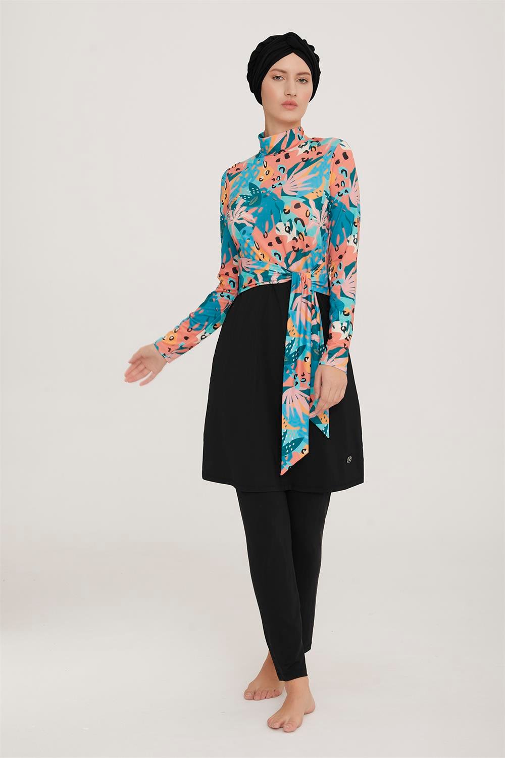 Likralı Tam Kapalı Tesettür Mayo Ebru 8023 Siyah Remsa Mayo