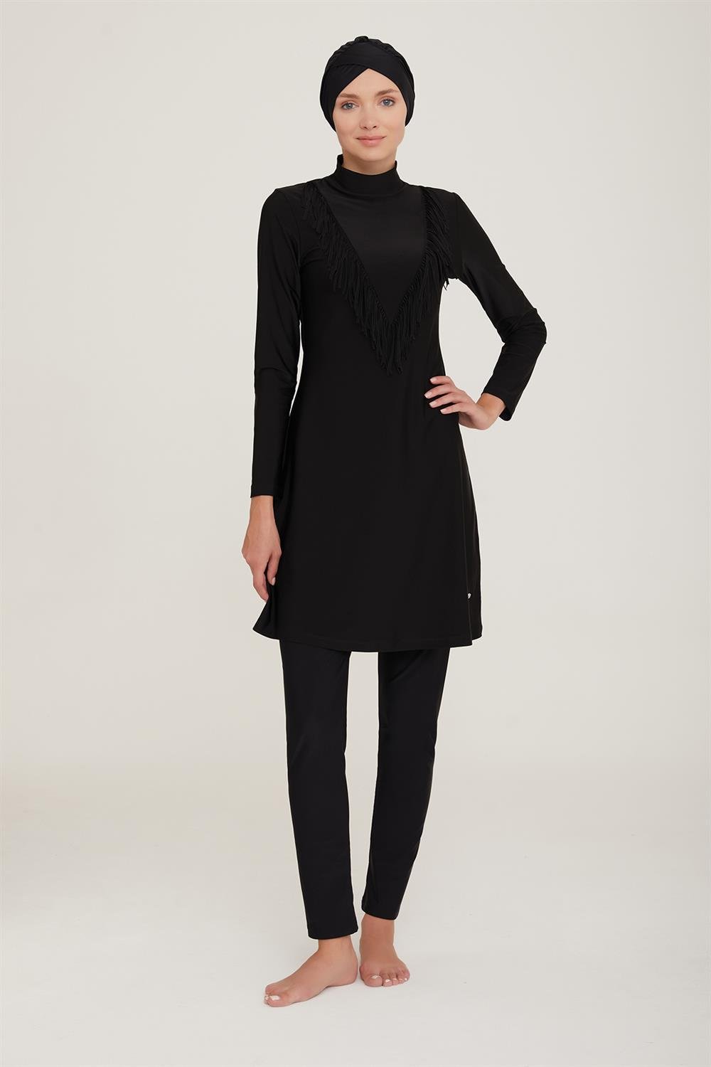 Likralı Tam Kapalı Tesettür Mayo Eleny 4444 Siyah Remsa Mayo