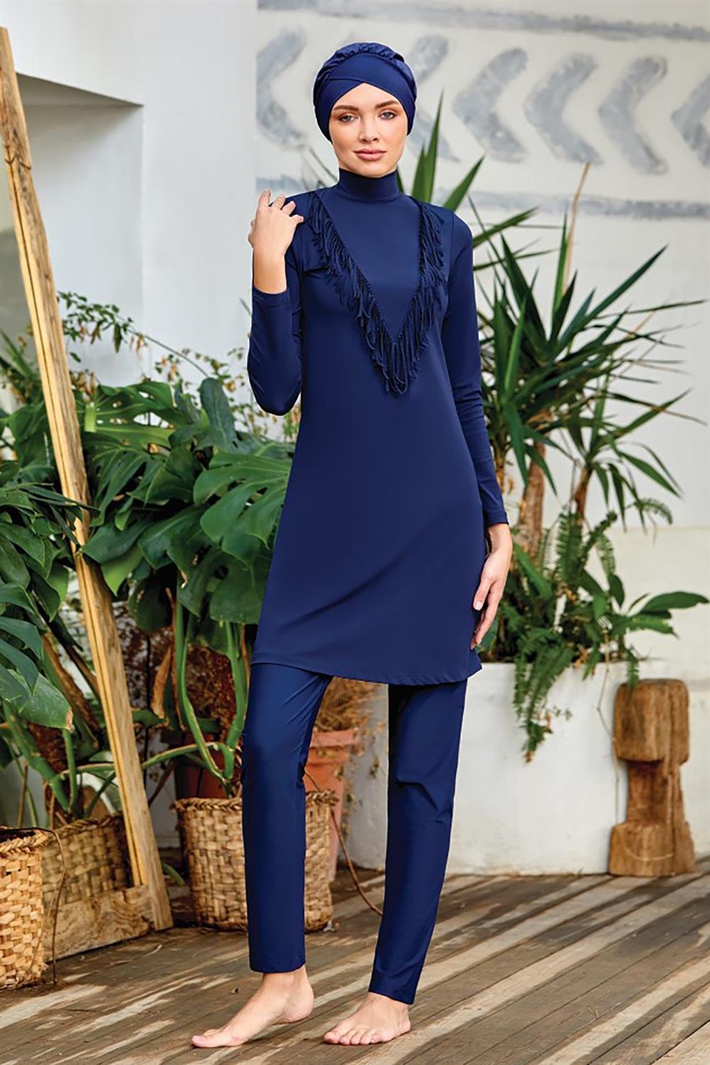 Likralı Tam Kapalı Tesettür Mayo Eleny 4444 Koyu Lacivert Remsa Mayo