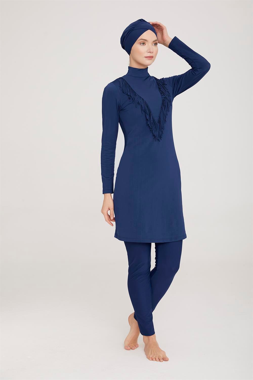 Likralı Tam Kapalı Tesettür Mayo Eleny 4444 Koyu Lacivert Remsa Mayo