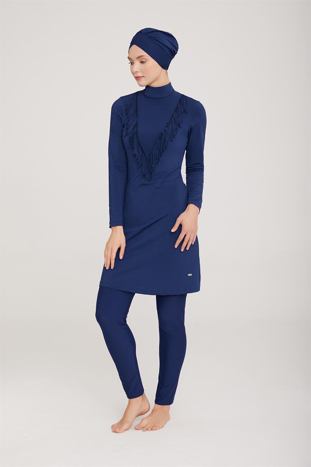 Likralı Tam Kapalı Tesettür Mayo Eleny 4444 Koyu Lacivert Remsa Mayo