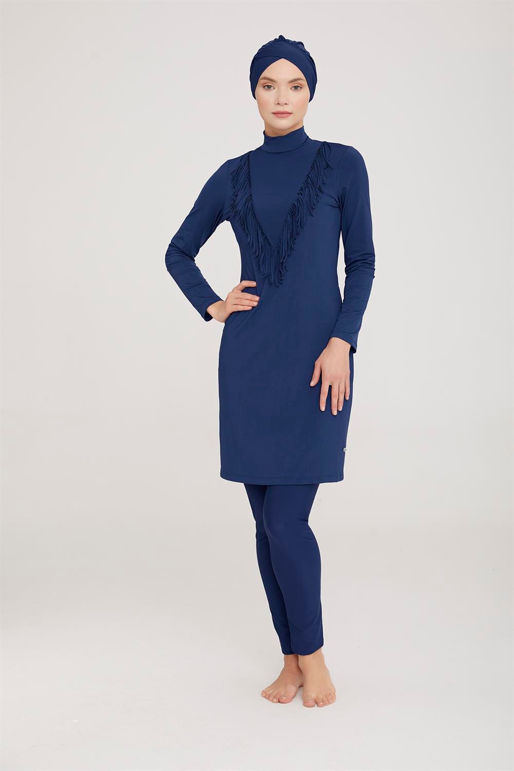 Likralı Tam Kapalı Tesettür Mayo Eleny 4444 Koyu Lacivert Remsa Mayo