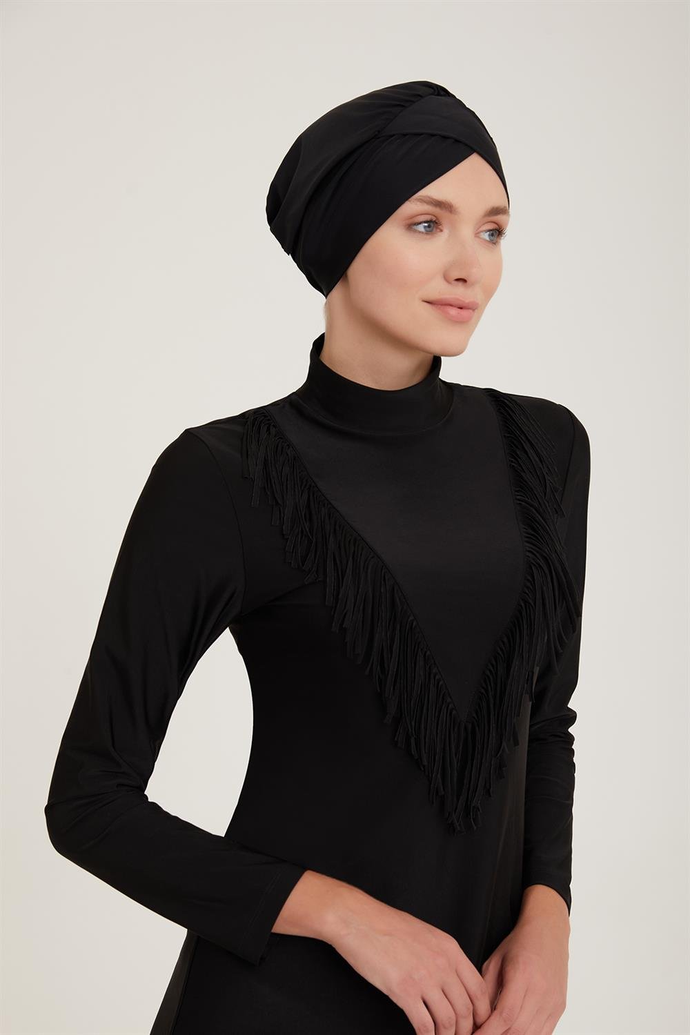 Likralı Tam Kapalı Tesettür Mayo Eleny 4444 Siyah Remsa Mayo