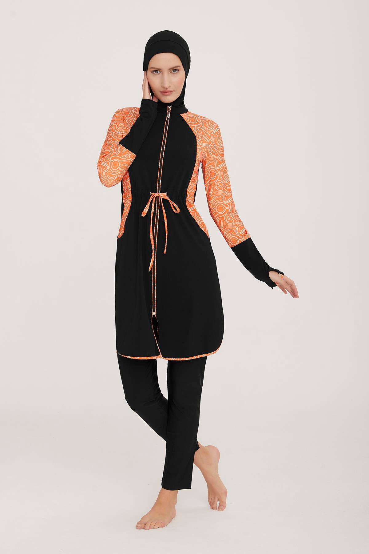 Likralı Tam Kapalı Tesettür Mayo ıNESA 1 4430 Siyah Remsa Mayo