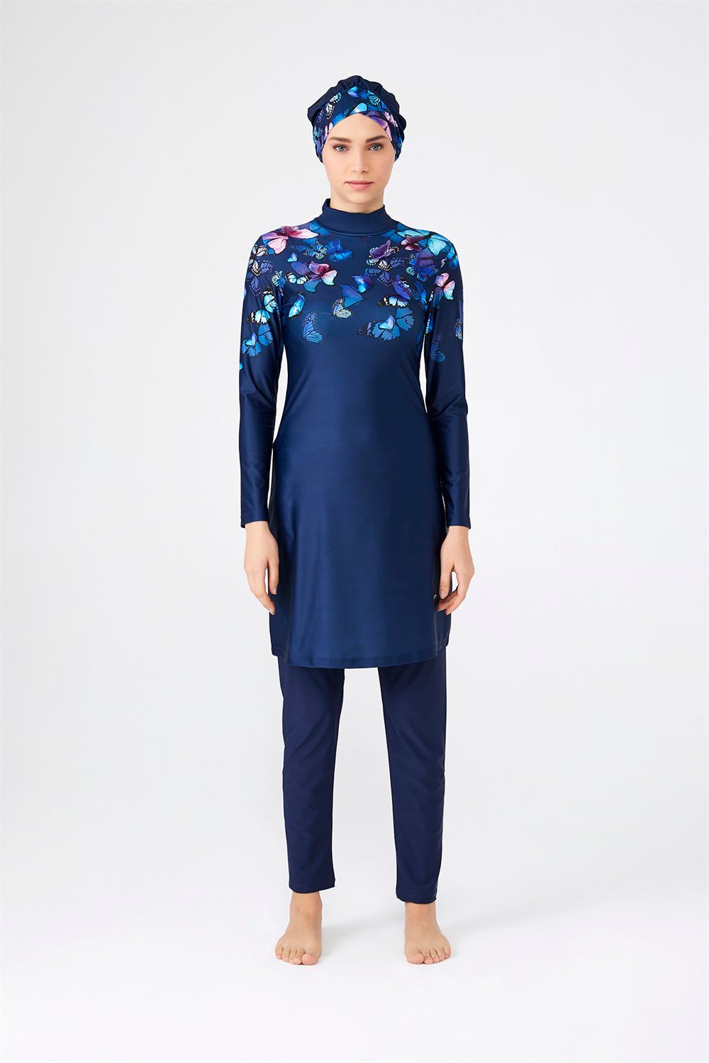 Likralı Tam Kapalı Tesettür Mayo Kelebek Etkisi 4262 Koyu Lacivert