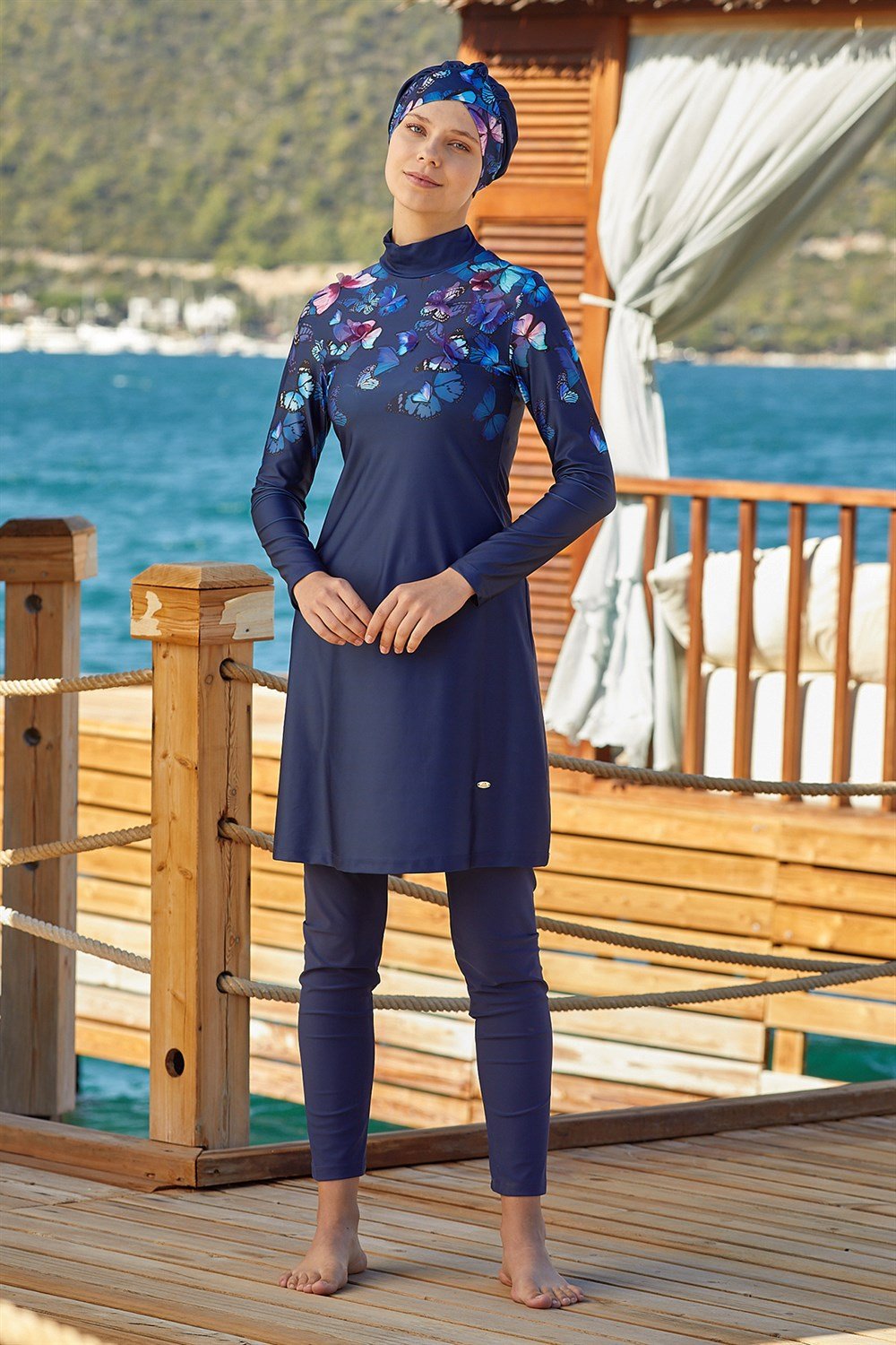 Likralı Tam Kapalı Tesettür Mayo Kelebek Etkisi 4262 Koyu Lacivert