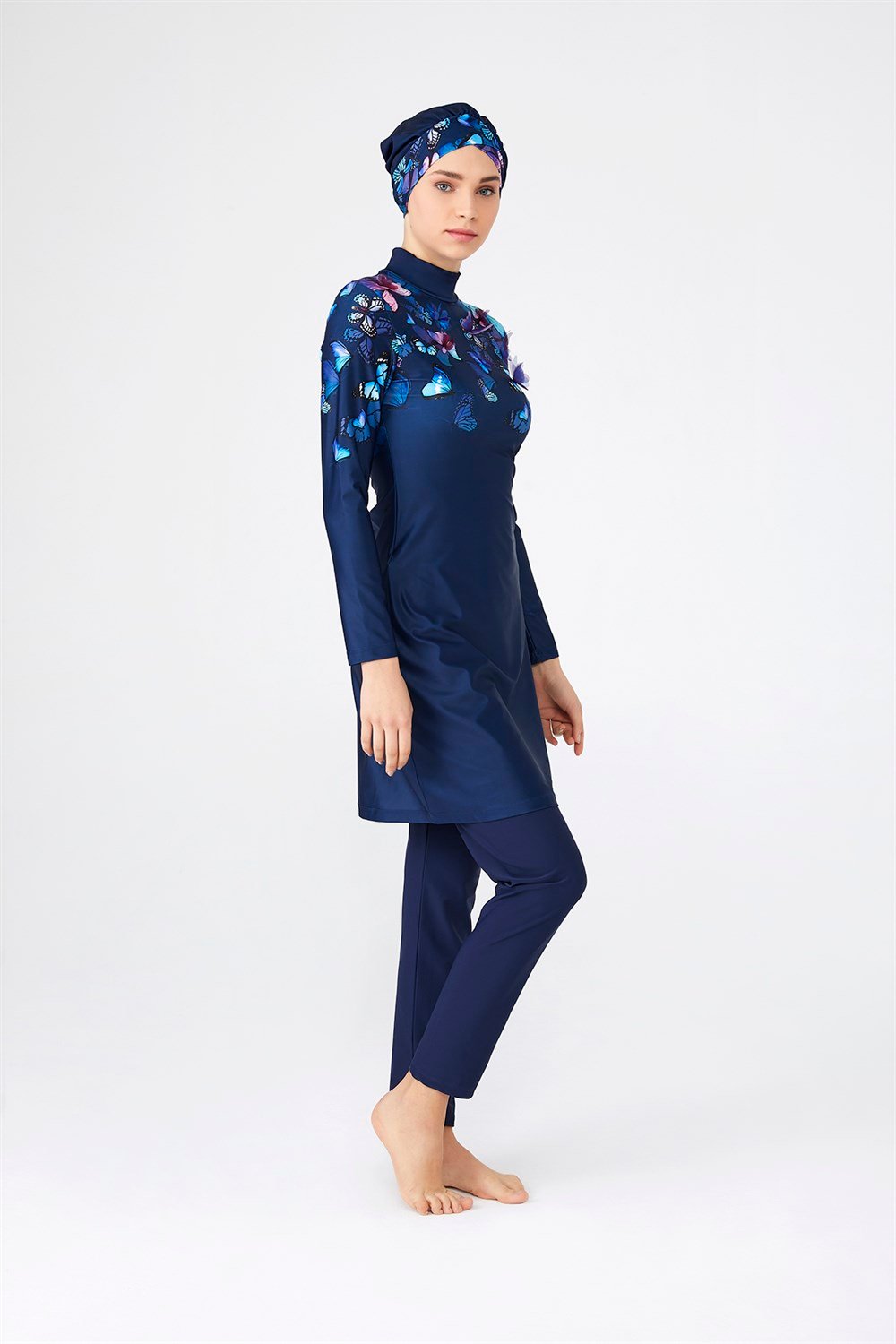 Likralı Tam Kapalı Tesettür Mayo Kelebek Etkisi 4262 Koyu Lacivert