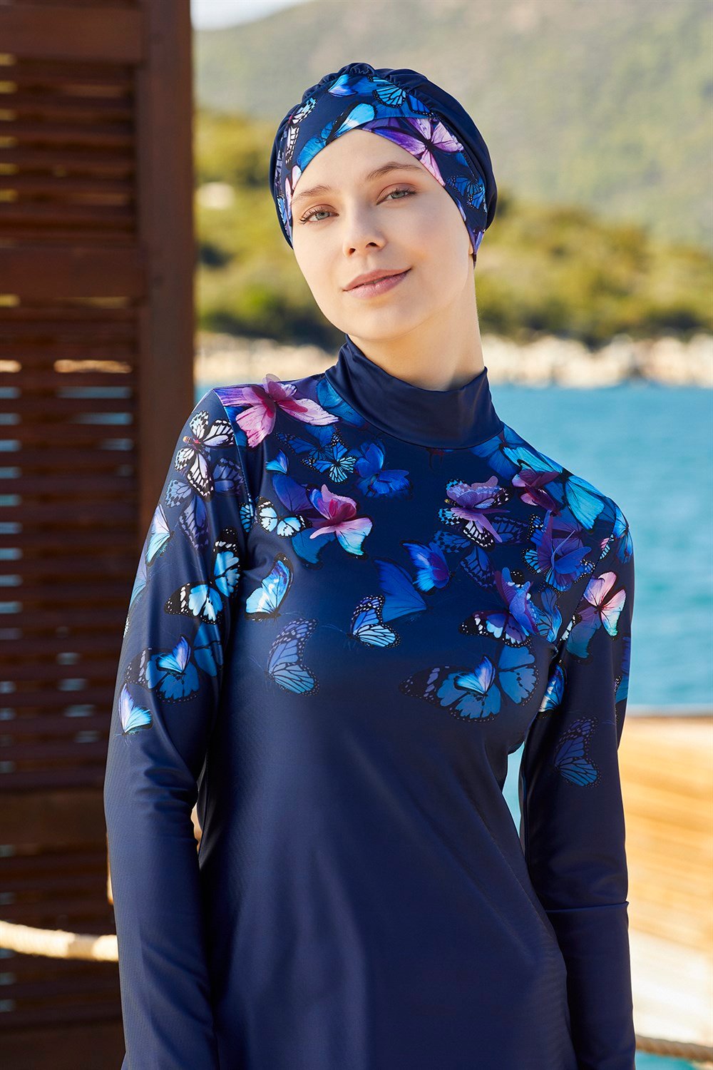 Likralı Tam Kapalı Tesettür Mayo Kelebek Etkisi 4262 Koyu Lacivert