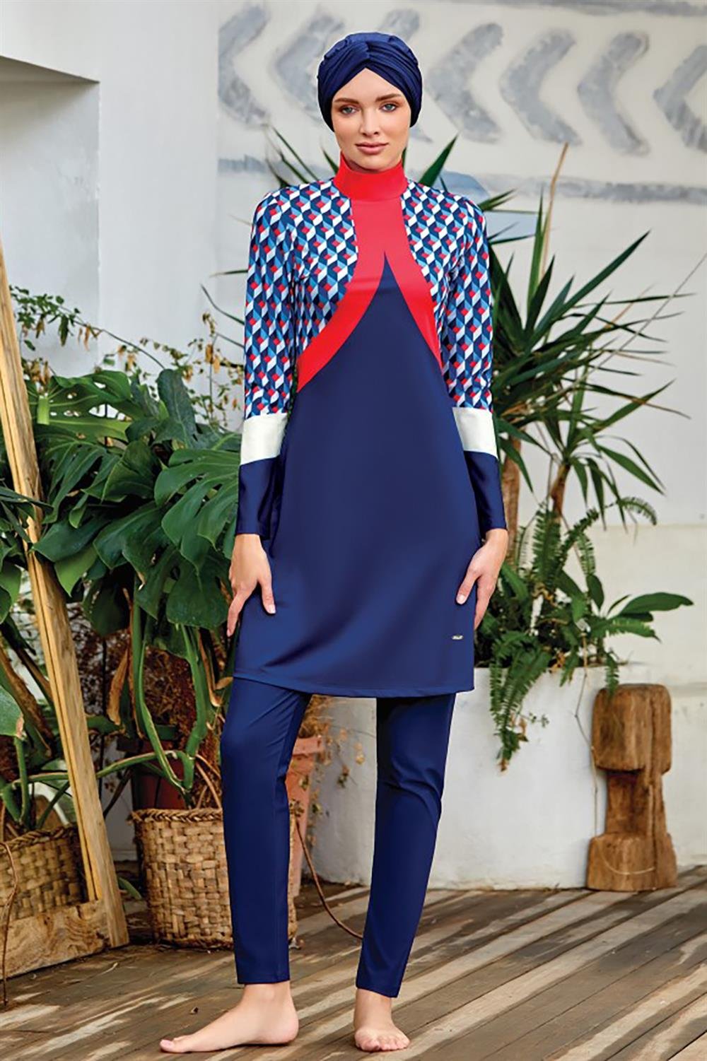 Likralı Tam Kapalı Tesettür Mayo Lulu 4409 Koyu Lacivert Remsa Mayo