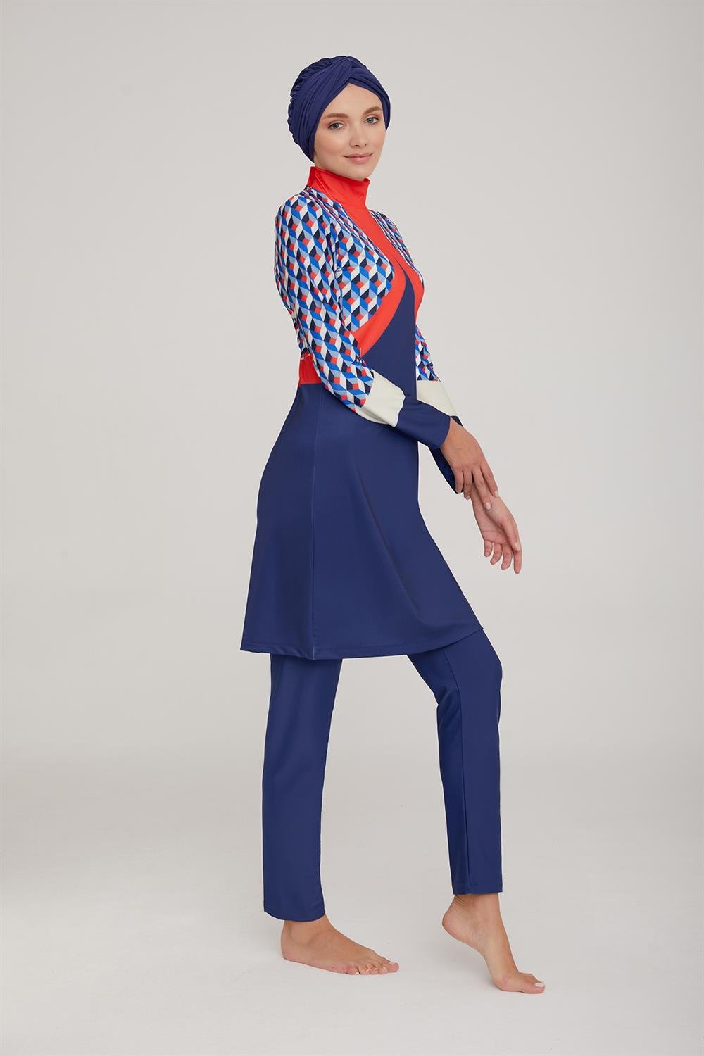 Likralı Tam Kapalı Tesettür Mayo Lulu 4409 Koyu Lacivert Remsa Mayo