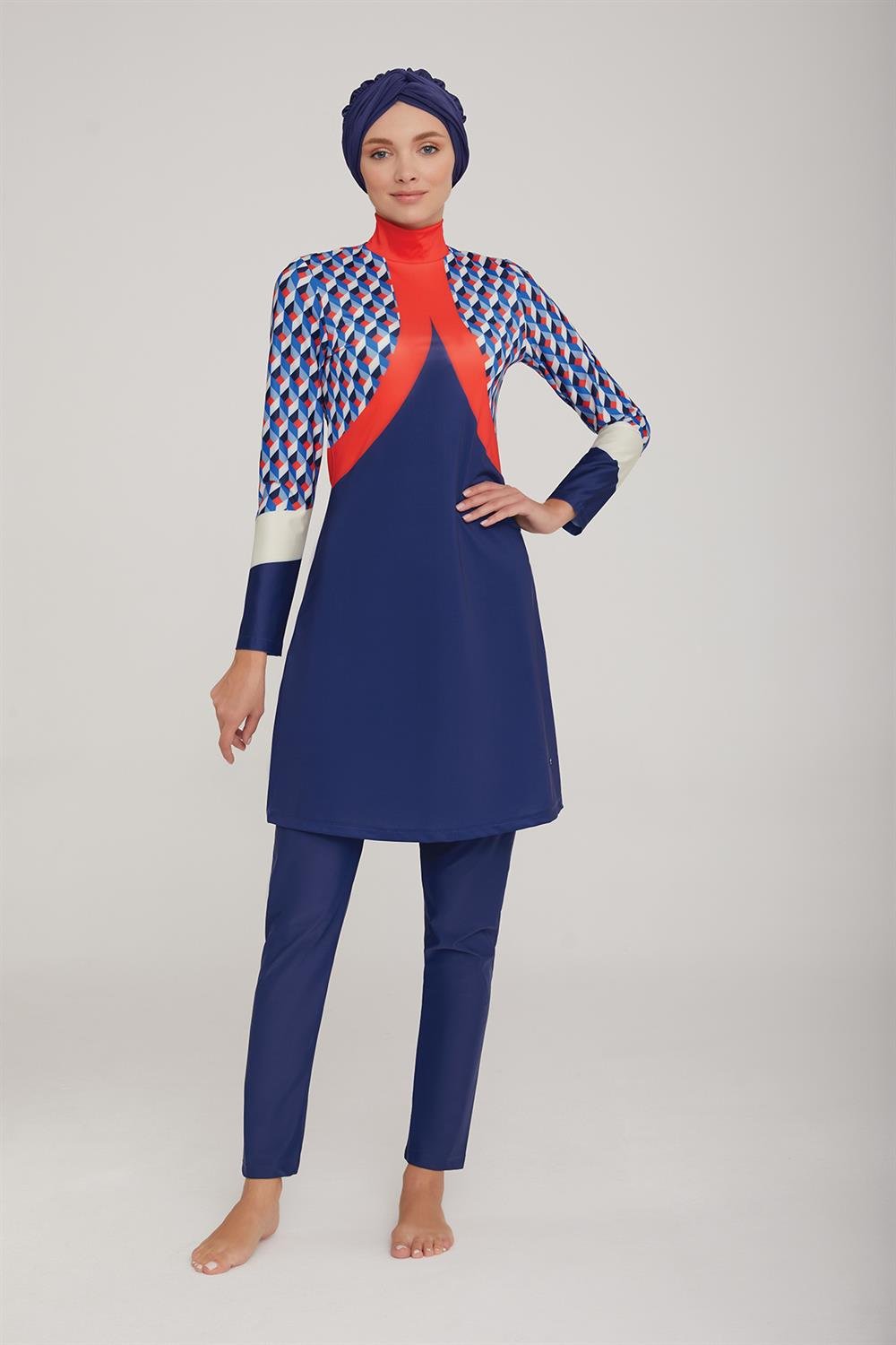 Likralı Tam Kapalı Tesettür Mayo Lulu 4409 Koyu Lacivert Remsa Mayo