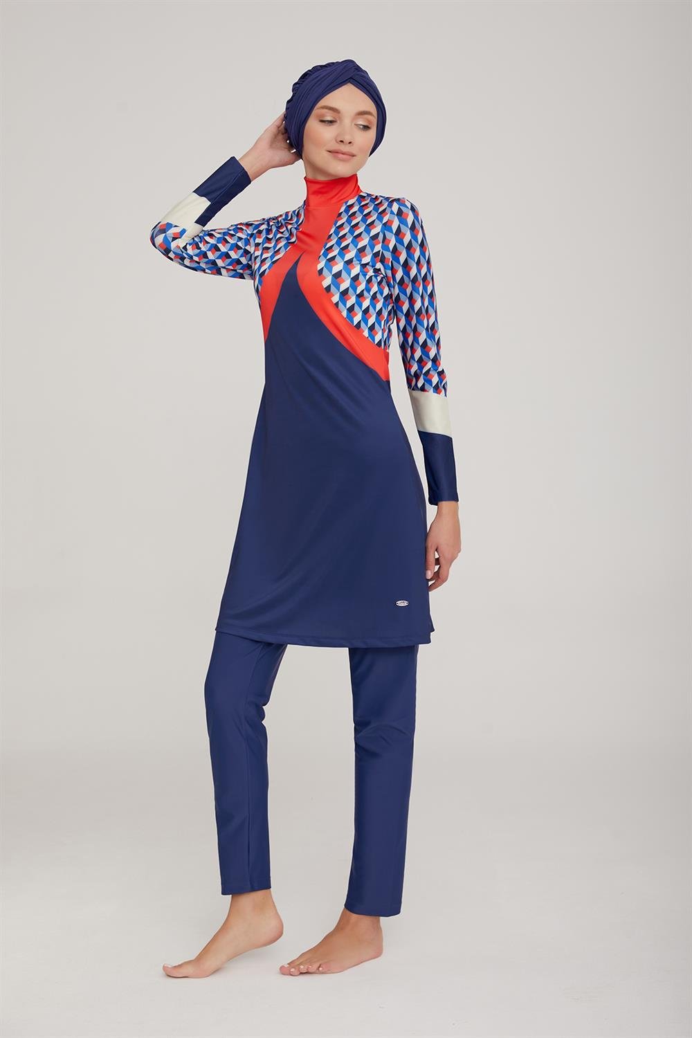 Likralı Tam Kapalı Tesettür Mayo Lulu 4409 Koyu Lacivert Remsa Mayo