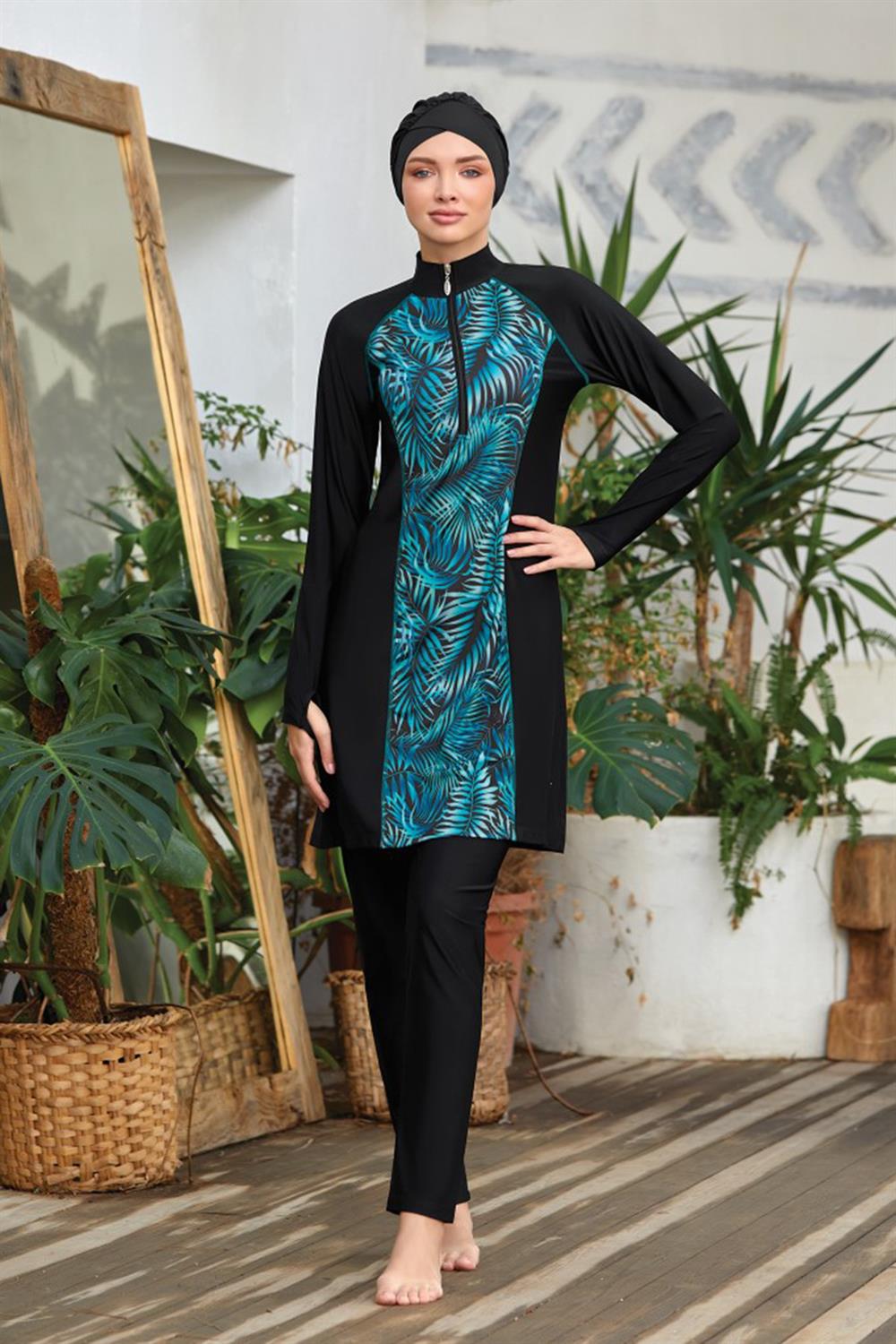 Likralı Tam Kapalı Tesettür Mayo Macella 1 4419 Siyah Remsa Mayo