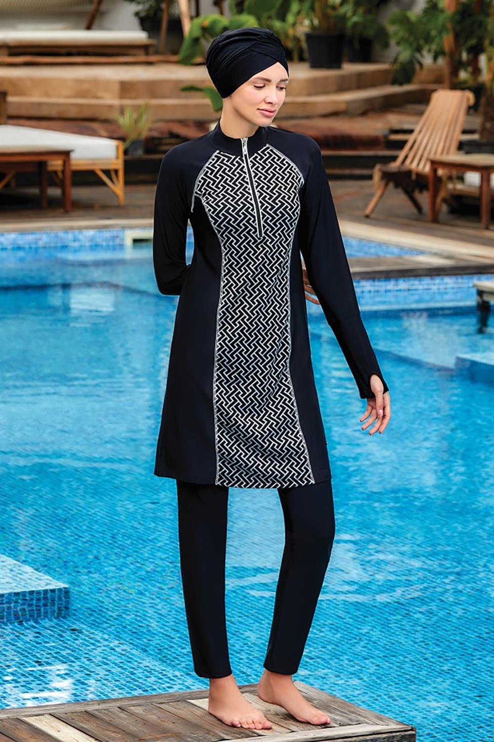 Likralı Tam Kapalı Tesettür Mayo Macella 4420 Siyah Remsa Mayo