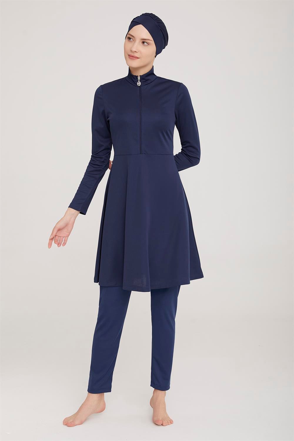 Likralı Tam Kapalı Tesettür Mayo Maysız Düz 9020 Koyu Lacivert Remsa Mayo