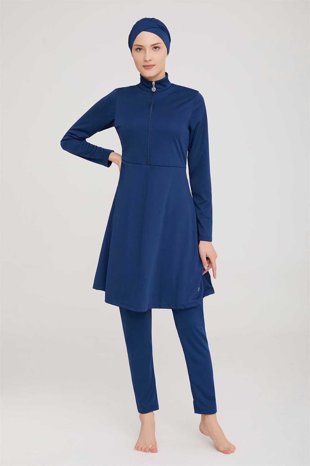 Likralı Tam Kapalı Tesettür Mayo Maysız Düz 9020 Açık Lacivert Remsa Mayo