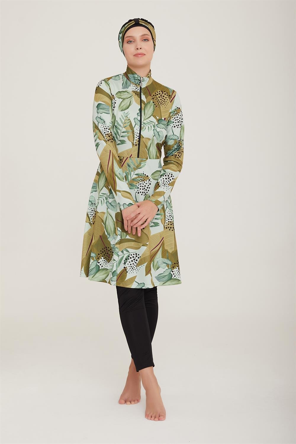 Likralı Tam Kapalı Tesettür Mayo Maysız Desenli 9011 Siyah Remsa Mayo