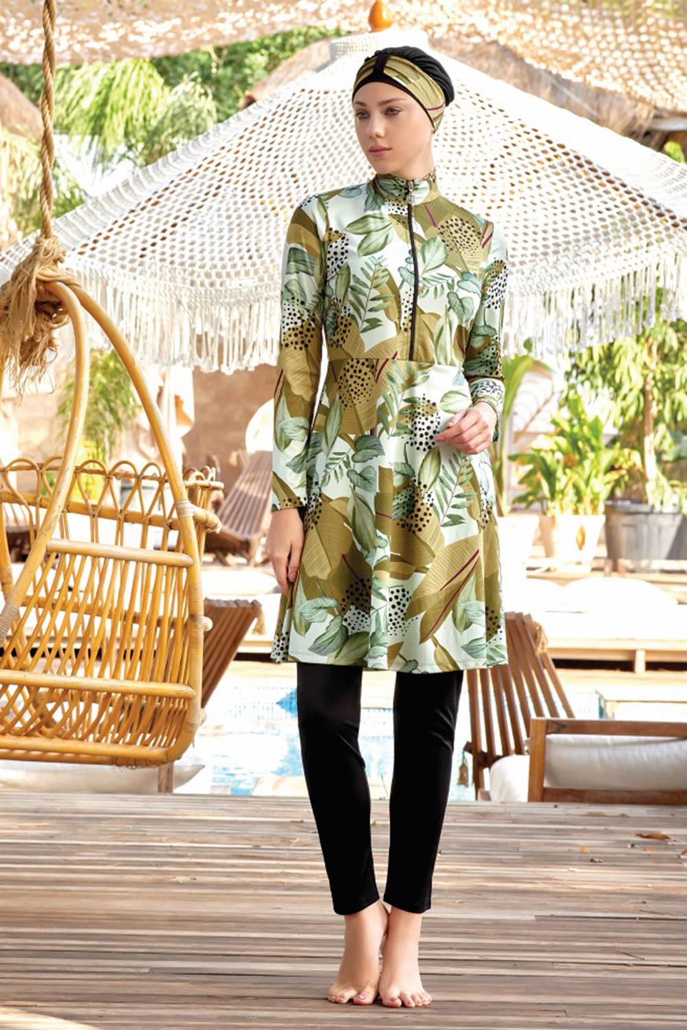 Likralı Tam Kapalı Tesettür Mayo Maysız Desenli 9011 Siyah Remsa Mayo