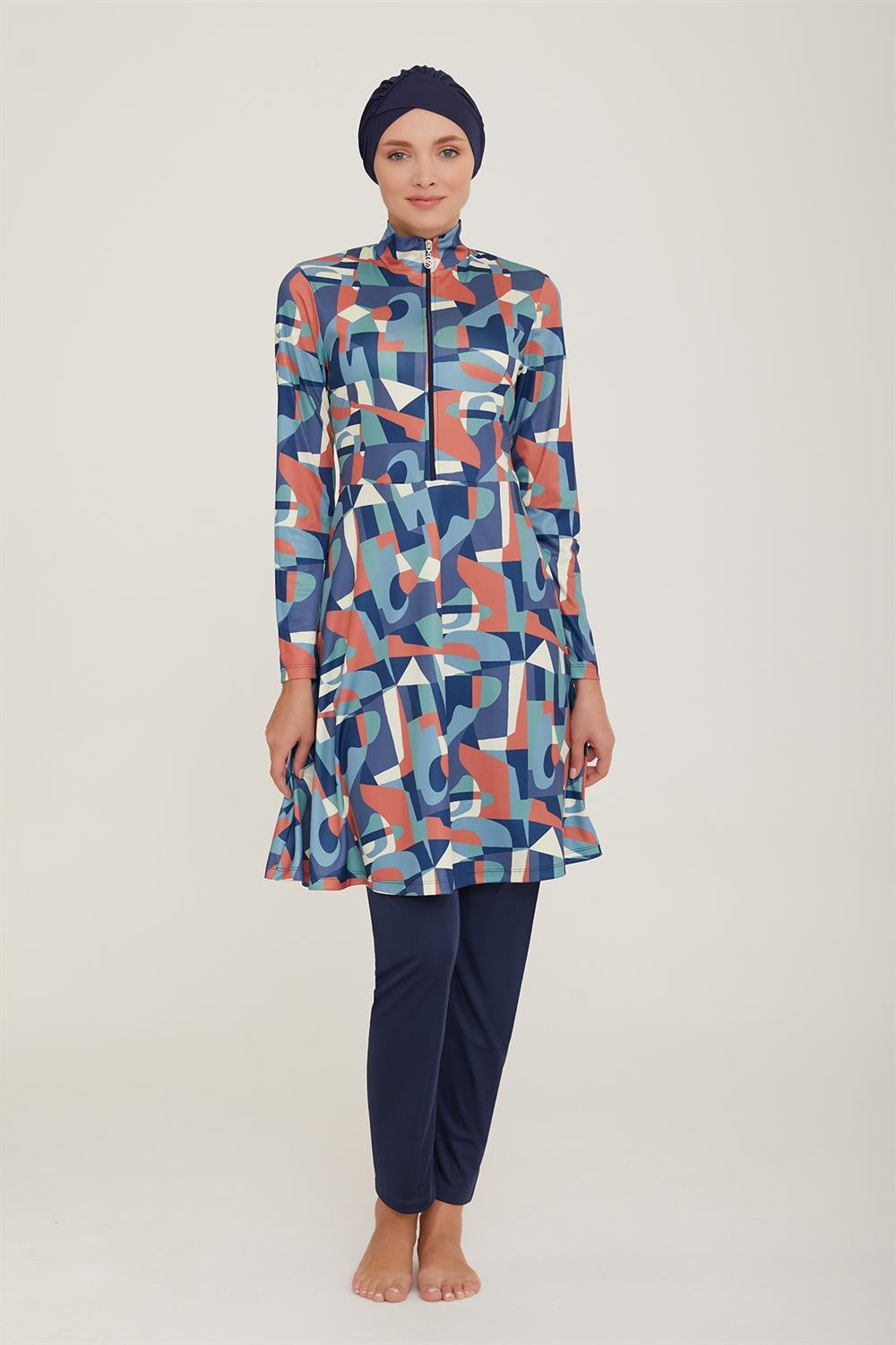 Likralı Tam Kapalı Tesettür Mayo Maysız Geo 9012 Koyu Lacivert Remsa Mayo