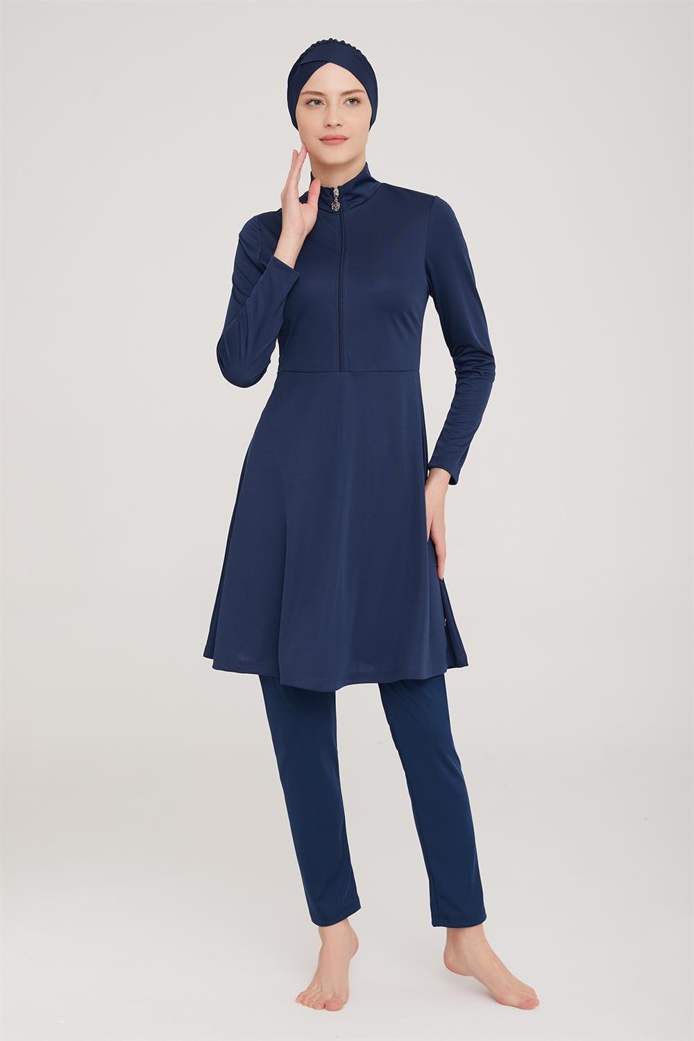 Likralı Tam Kapalı Tesettür Mayo Maysız Düz 9020 Koyu Lacivert Remsa Mayo