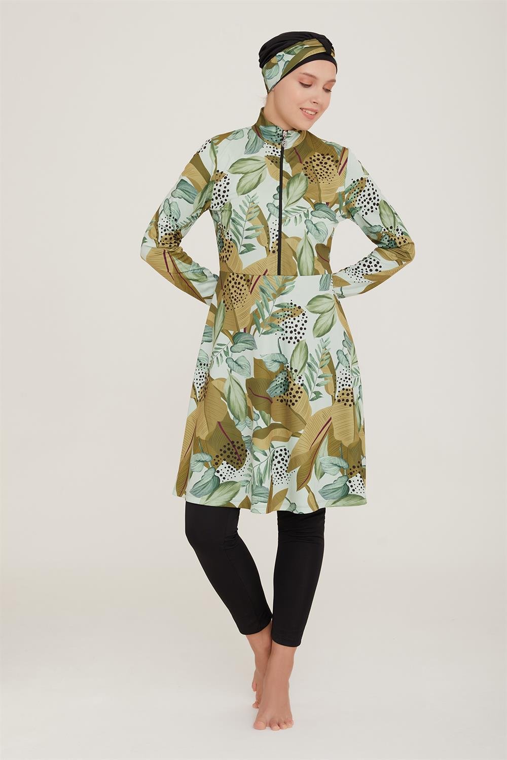 Likralı Tam Kapalı Tesettür Mayo Maysız Desenli 9011 Siyah Remsa Mayo