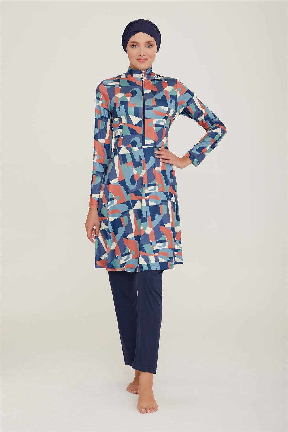 Likralı Tam Kapalı Tesettür Mayo Maysız Geo 9012 Koyu Lacivert Remsa Mayo