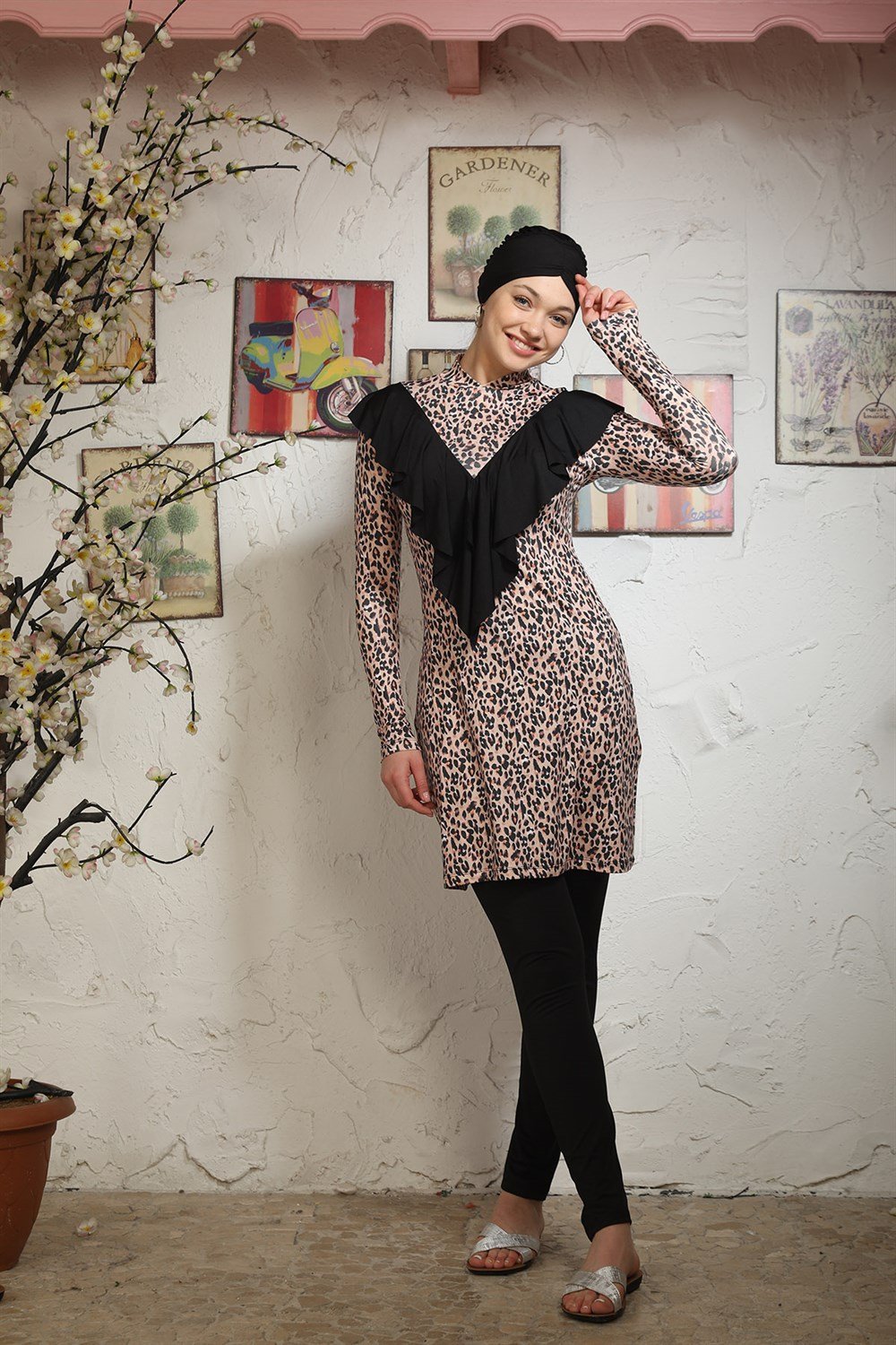Likralı Tam Kapalı Tesettür Mayo Melike Kahve Leopar