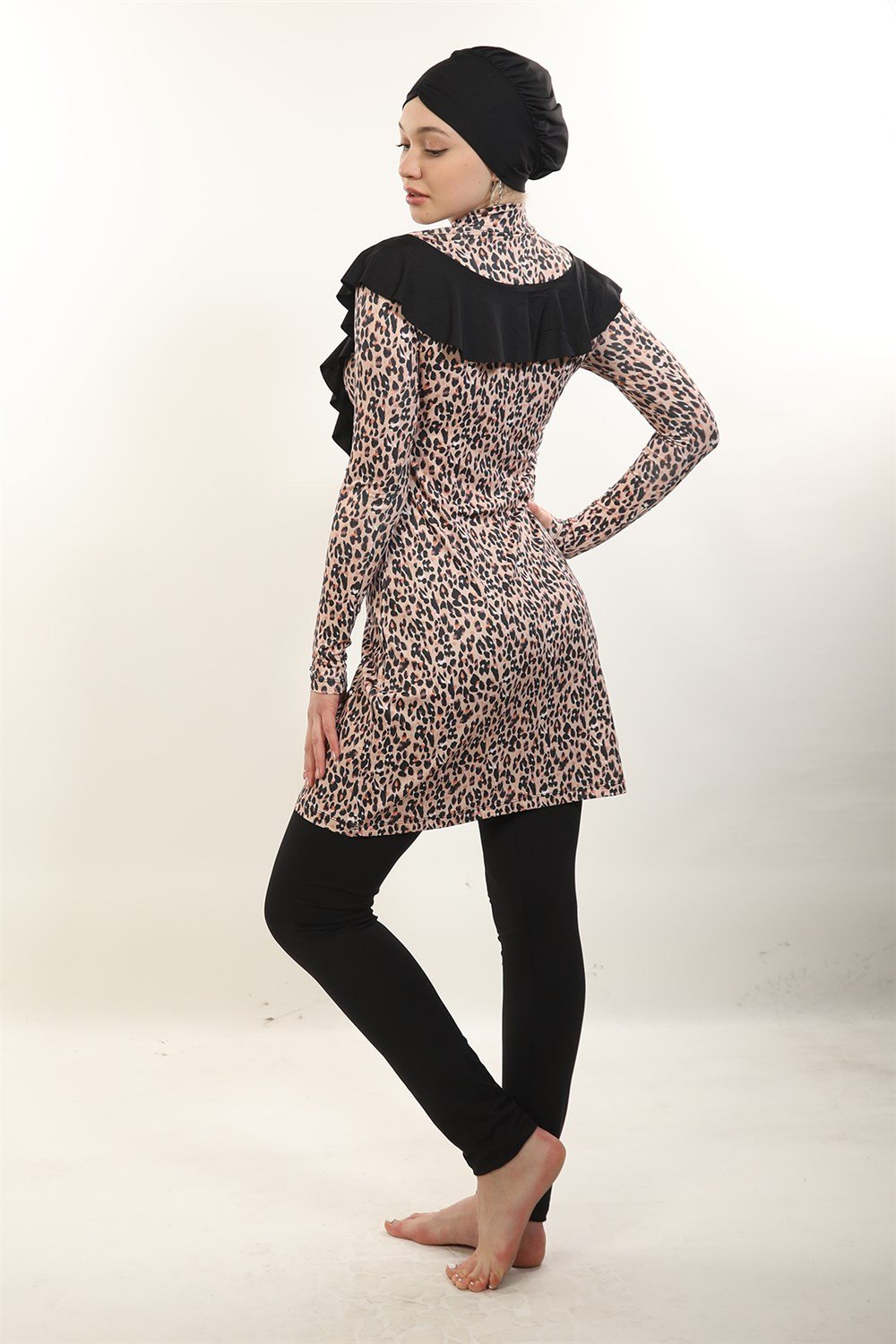 Likralı Tam Kapalı Tesettür Mayo Melike Kahve Leopar
