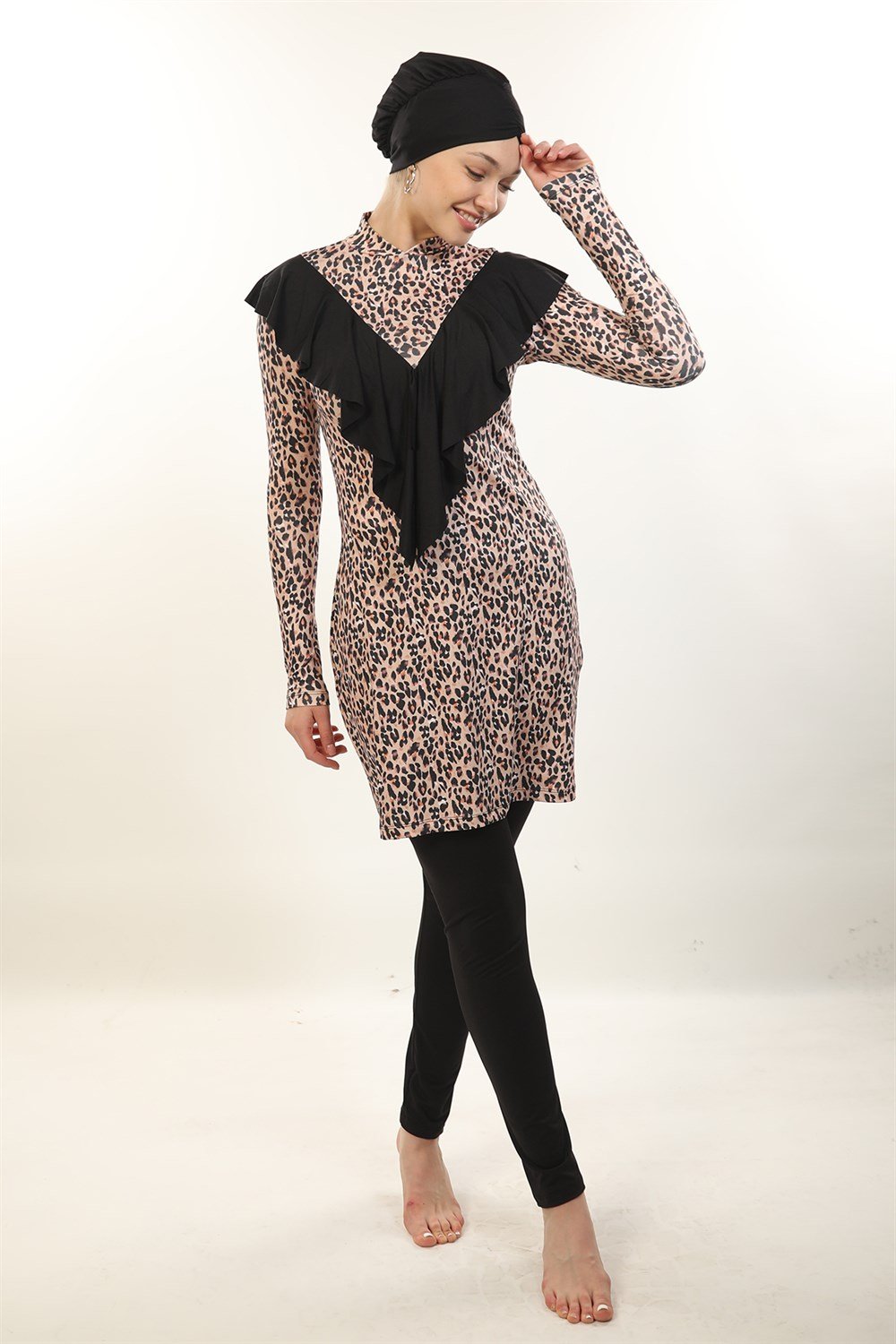 Likralı Tam Kapalı Tesettür Mayo Melike Kahve Leopar