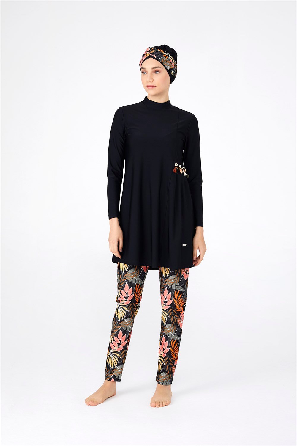 Likralı Tam Kapalı Tesettür Mayo Midye Detaylı 4256 Siyah