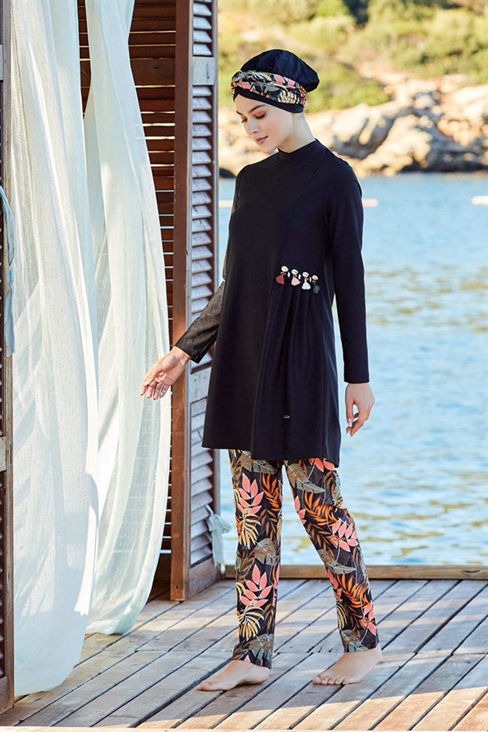 Likralı Tam Kapalı Tesettür Mayo Midye Detaylı 4256 Siyah