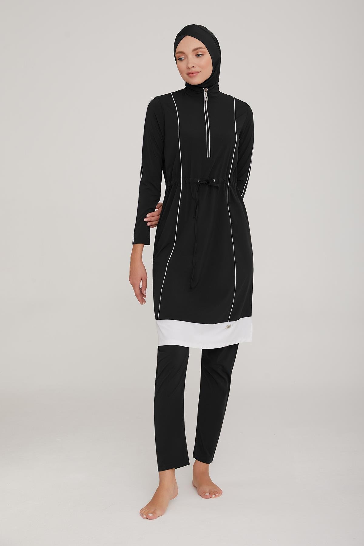 Likralı Tam Kapalı Tesettür Mayo Nıca 4372 Siyah Remsa Mayo