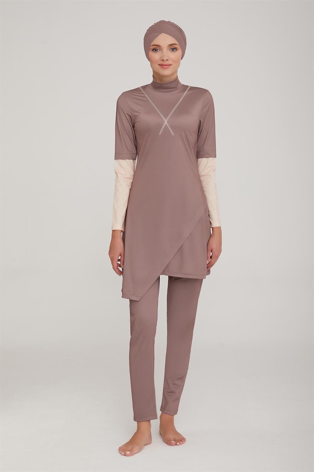 Likralı Tam Kapalı Tesettür Mayo Norman 4414 Vizon Remsa Mayo