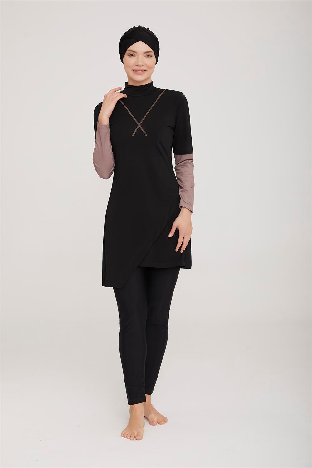 Likralı Tam Kapalı Tesettür Mayo Norman 4414 Siyah Remsa Mayo