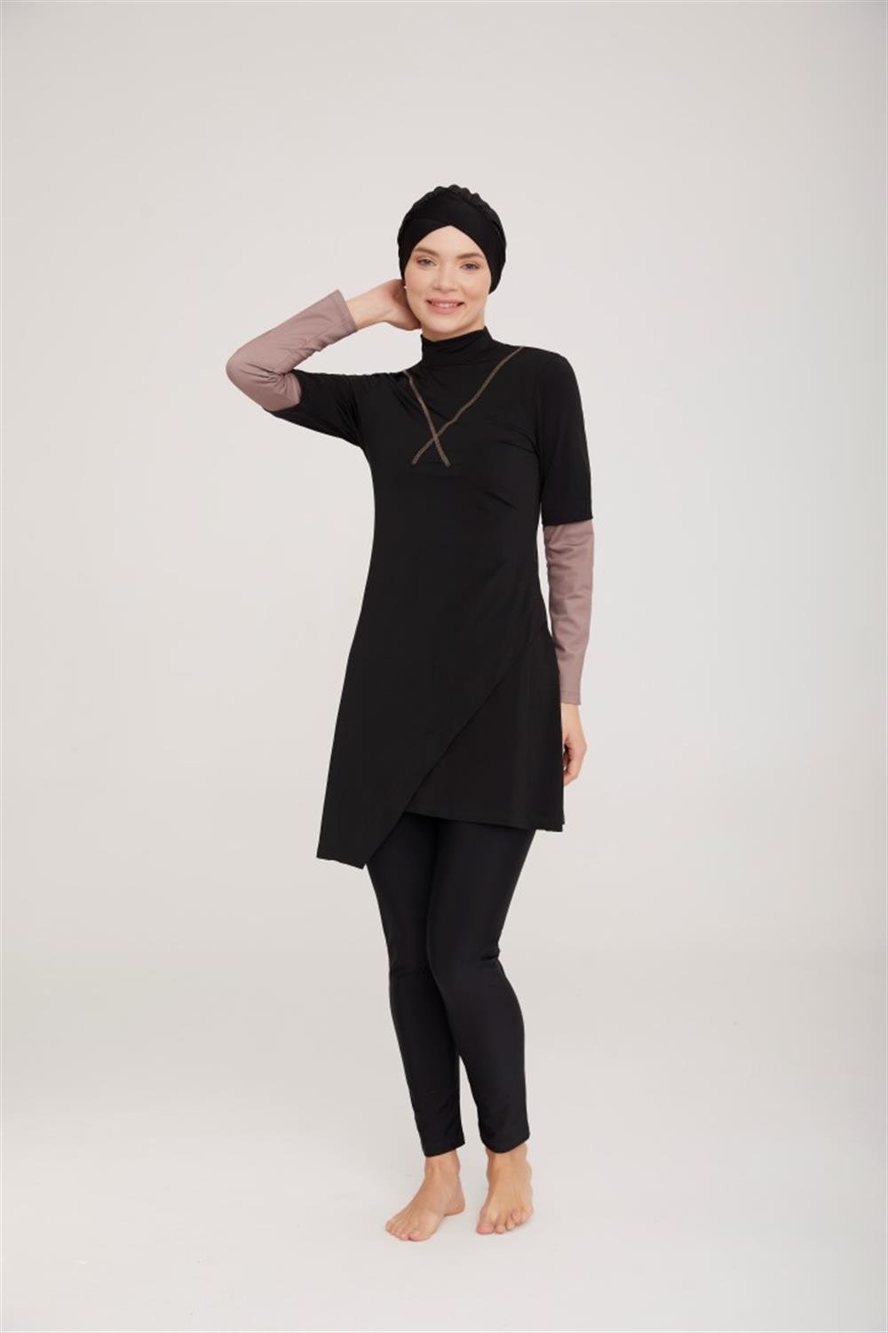 Likralı Tam Kapalı Tesettür Mayo Norman 4414 Siyah Remsa Mayo