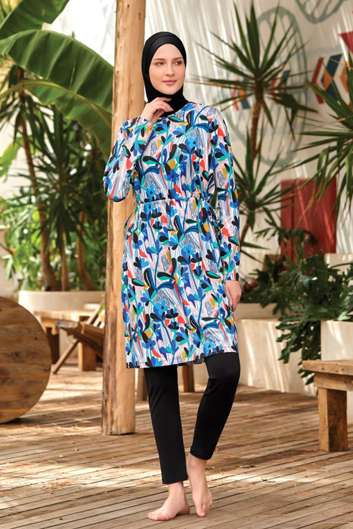 Likralı Tam Kapalı Tesettür Mayo Pıne 8009 Siyah Remsa Mayo