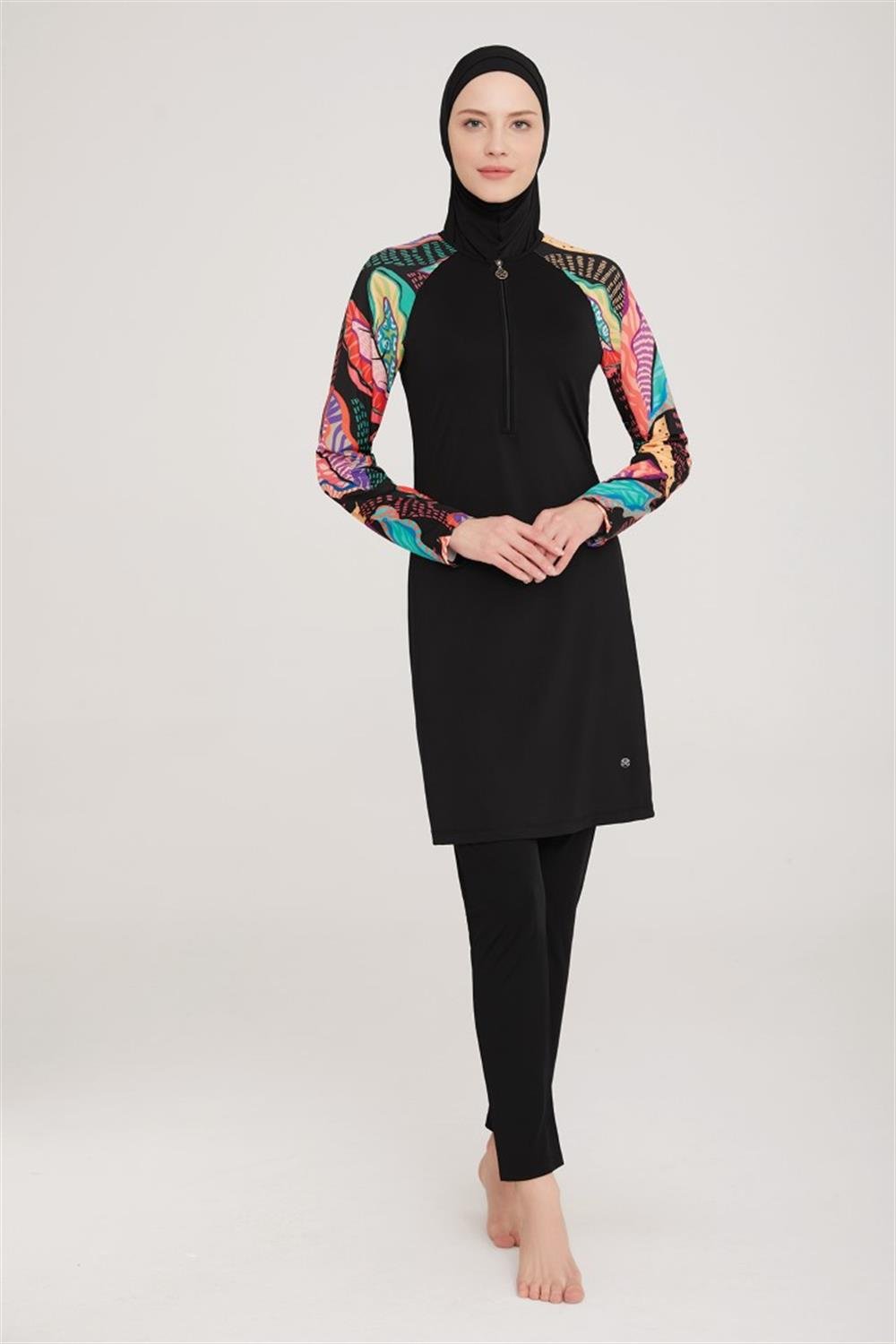 Likralı Tam Kapalı Tesettür Mayo Pita 8019 Siyah Remsa Mayo