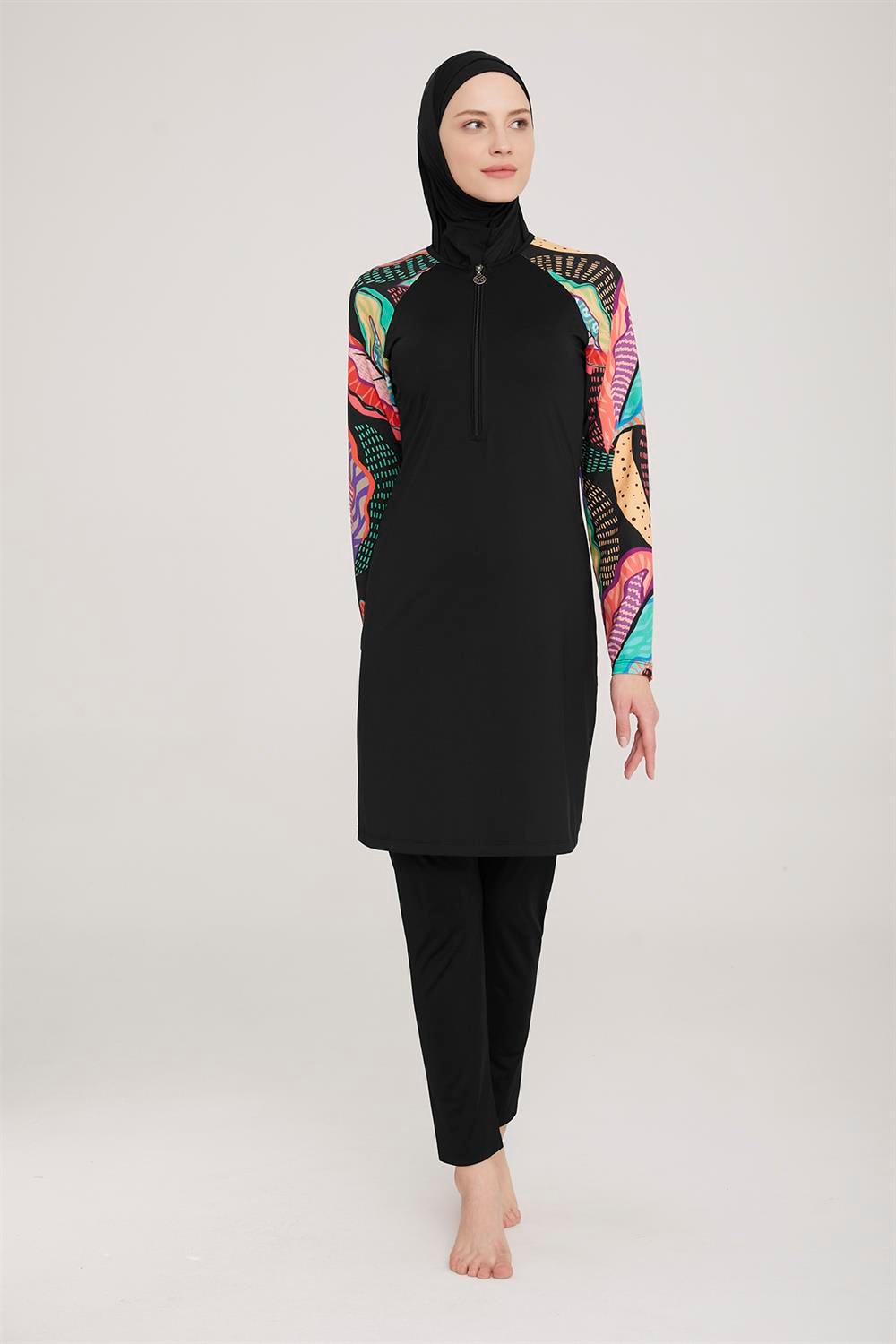 Likralı Tam Kapalı Tesettür Mayo Pita 8019 Siyah Remsa Mayo