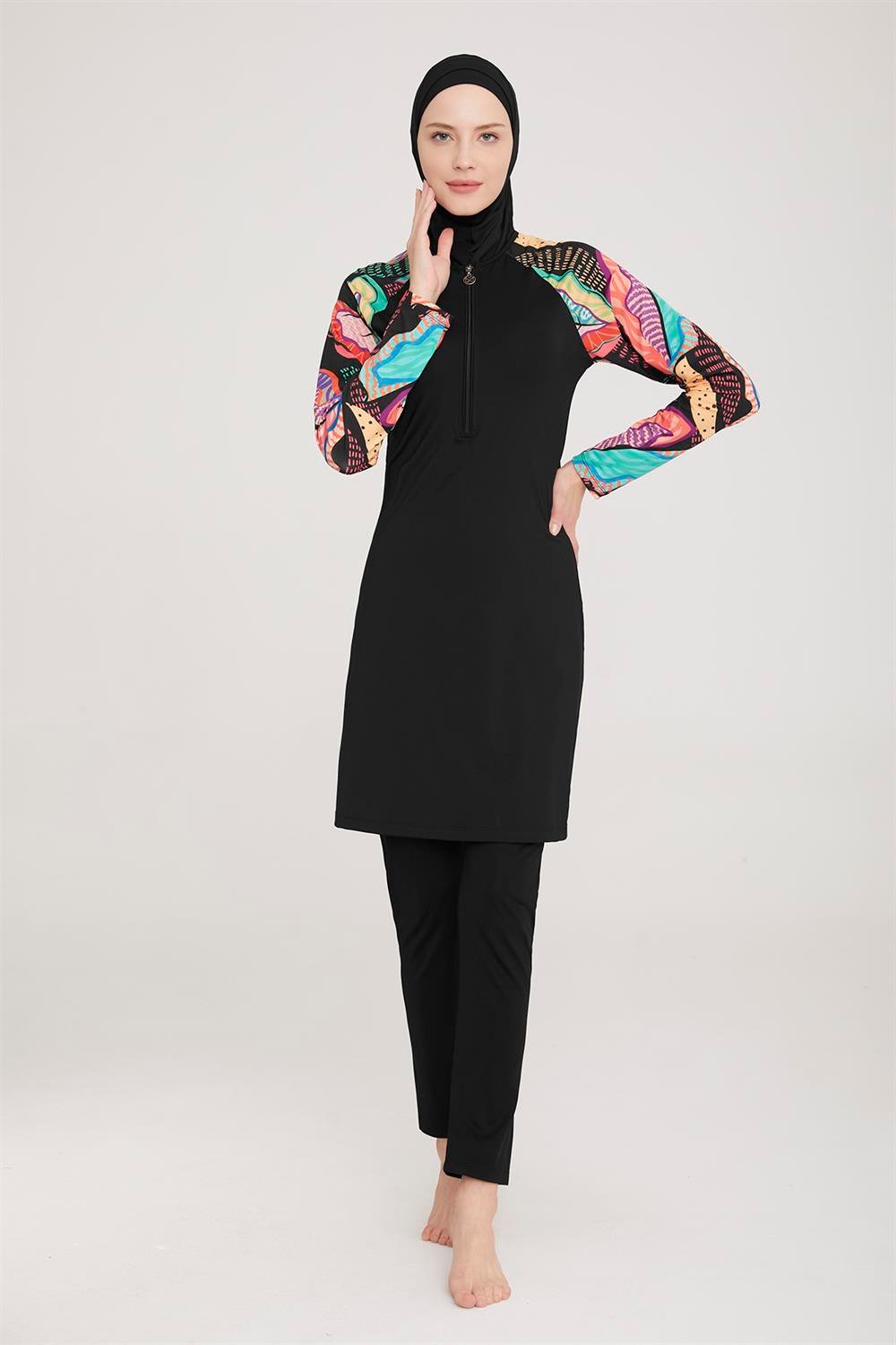 Likralı Tam Kapalı Tesettür Mayo Pita 8019 Siyah Remsa Mayo