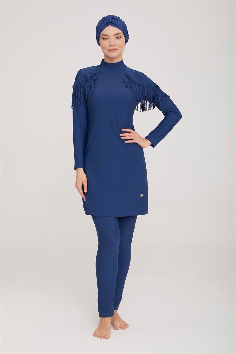 Likralı Tam Kapalı Tesettür Mayo Ramıra 4105 Açık Lacivert Remsa Mayo