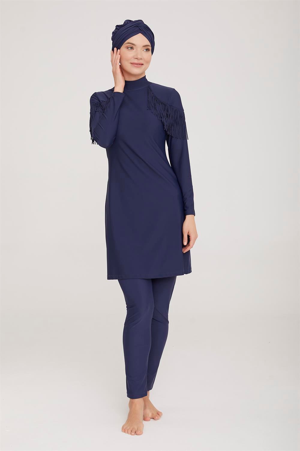 Likralı Tam Kapalı Tesettür Mayo Ramıra 4105 Koyu Lacivert Remsa Mayo